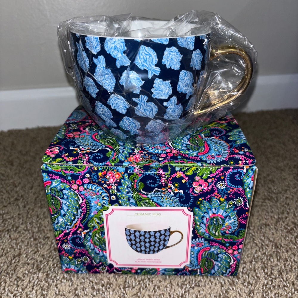 Lilly Pulitzer Ceramic Mug Blue Fish Pattern Gold Handle New